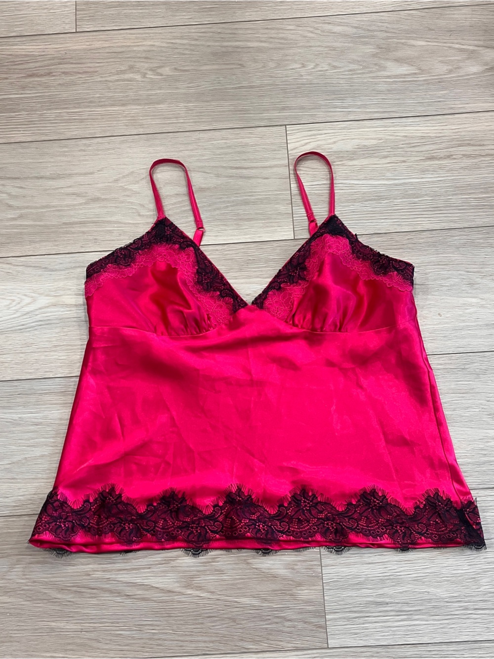 Upcycled Y2K Hot Pink Satin Black Lace Babydoll Cami Top XL